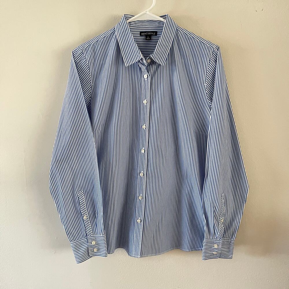 J. Crew Mercantile Blue White Striped Button Up Shirt 52914 Preppy Womens Large